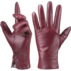 Women's Genuine Sheepskin Leather Gloves Winter Warm  Driving Dress Gloves Red